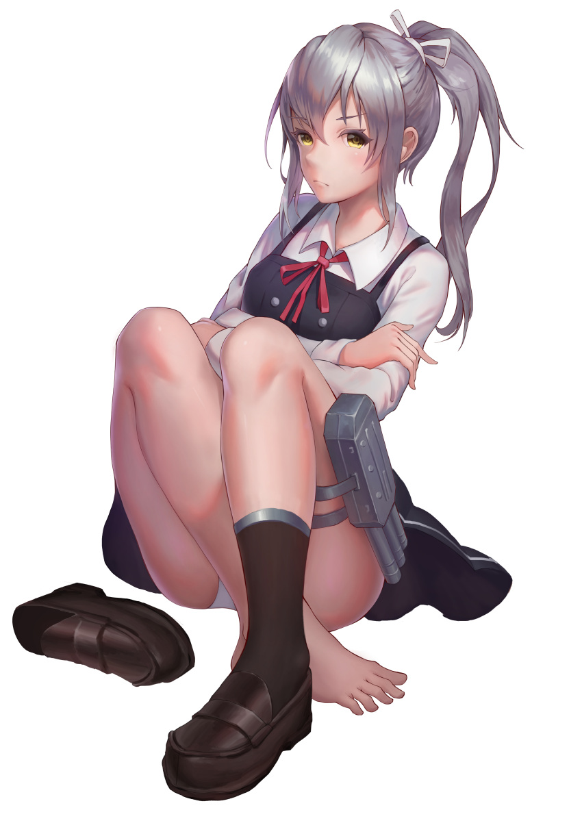 1girl, absurdres, bangs, black_legwear, blush, brown_footwear, crossed_arms, dress