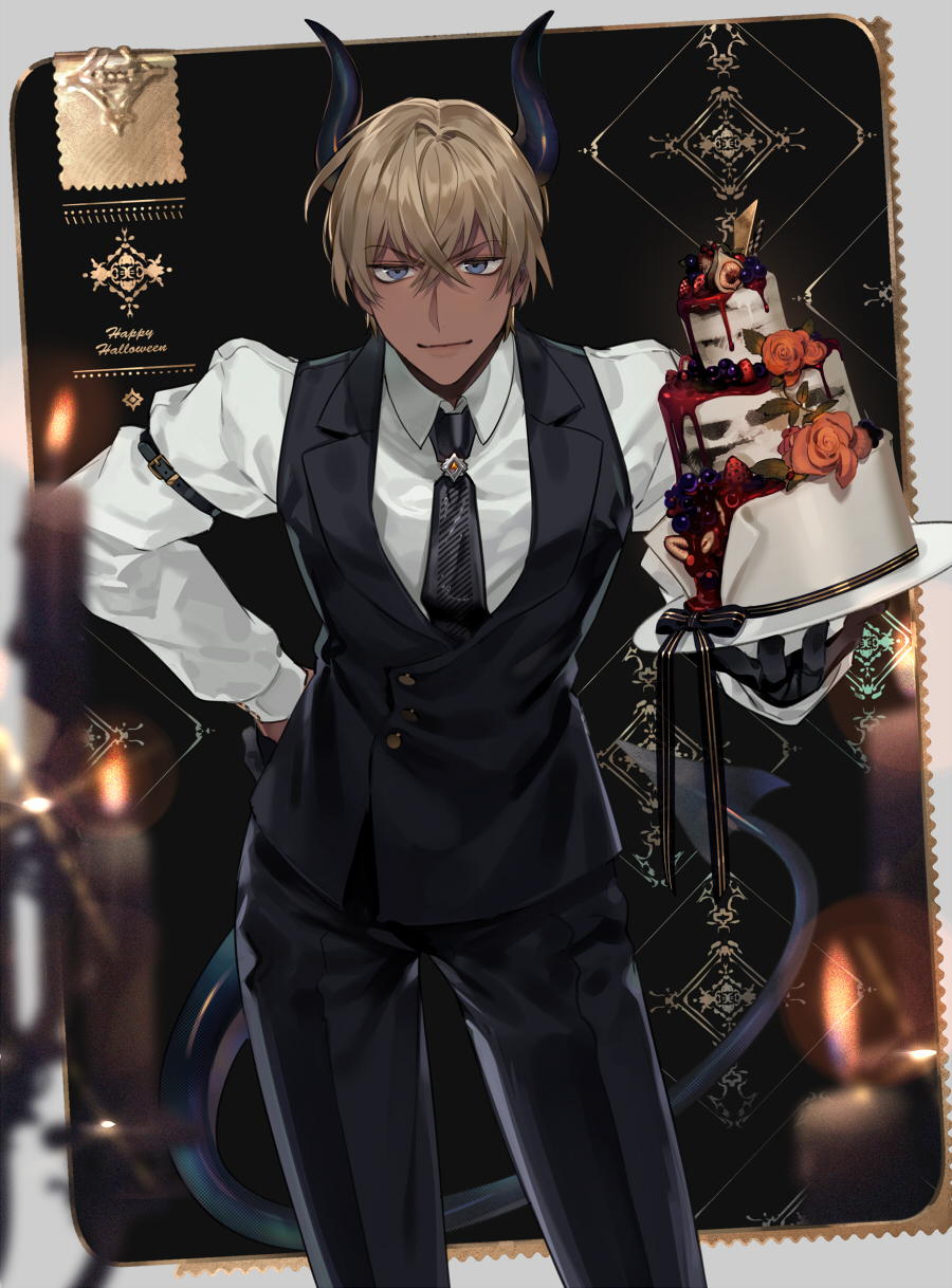1boy, amuro_tooru, black_legwear, black_ribbon, blonde_hair, blue_eyes, blueberry, blurry