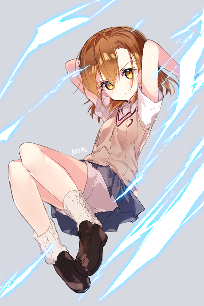 1girl, aran_legwear, arms_up, bangs, blue_skirt, blush, breasts, brown_eyes, brown_footwear, brown_hair, brown_vest, closed_mouth, collared_shirt, commentary_request, electricity, eyebrows_visible_through_hair, full_body, grey_background, hair_between_eyes, loafers, long_hair, looking_at_viewer, loose_socks, misaka_mikoto, name_(oiuio), pleated_skirt, school_uniform, shirt, shoes, short_shorts, short_sleeves, shorts, shorts_under_skirt, signature, simple_background, skirt, small_breasts, socks, solo, to_aru_kagaku_no_railgun, to_aru_majutsu_no_index, tokiwadai_school_uniform, v-shaped_eyebrows, vest, white_legwear, white_shirt, white_shorts