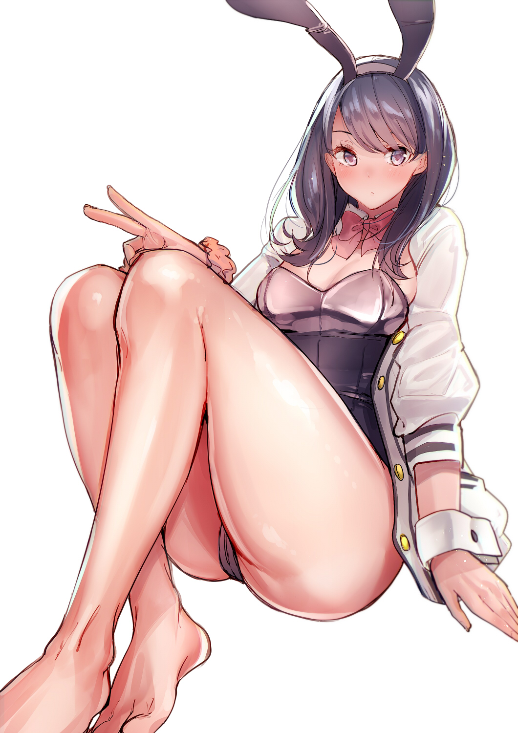 1girl, amane_ruri, animal_ears, ass, bangs, bare_legs, barefoot, black_hair