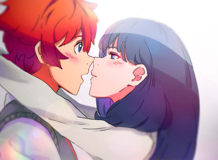 1boy, 1girl, absurdres, arms_up, bangs, black_hair, blue_eyes, blush, couple, emi-bianchi, face-to-face, facing_another, hetero, hibiki_yuuta, highres, long_hair, looking_at_another, noses_touching, redhead, school_uniform, shirt, short_sleeves, ssss.gridman, takarada_rikka, waistcoat, white_shirt