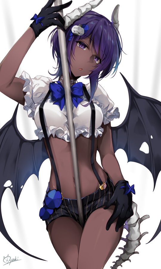 1girl, bat_wings, black_gloves, crop_top, dark_skin, demon_horns, fate/grand_order, fate_(series)
