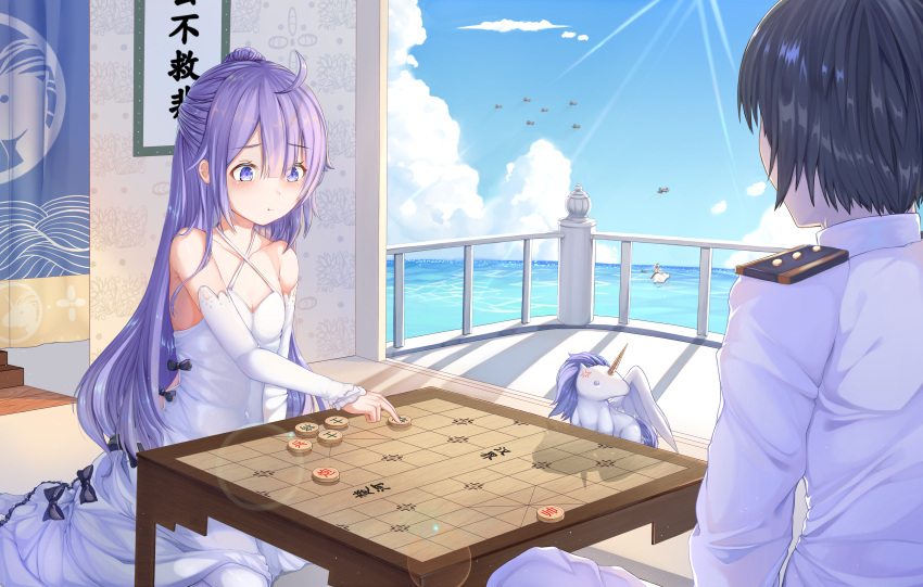 1boy, 2girls, :t, absurdres, admiral_(azur_lane), ahoge, aircraft, airplane, anger_vein, azur_lane, bangs, bare_shoulders, black_bow, blue_sky, blush, bow, breasts, cleavage, closed_mouth, clouds, cloudy_sky, collarbone, commentary_request, covered_navel, criss-cross_halter, day, detached_sleeves, dress, eyebrows_visible_through_hair, facing_away, hair_between_eyes, hair_bun, halterneck, highres, horizon, illustrious_(azur_lane), indoors, jacket, kuuhaku, long_hair, long_sleeves, military_jacket, multiple_girls, ocean, pants, pantyhose, pout, purple_hair, railing, side_bun, sky, sleeves_past_wrists, small_breasts, stuffed_alicorn, stuffed_animal, stuffed_toy, unicorn_(azur_lane), very_long_hair, violet_eyes, water, wavy_mouth, white_dress, white_jacket, white_legwear, white_pants, xiangqi