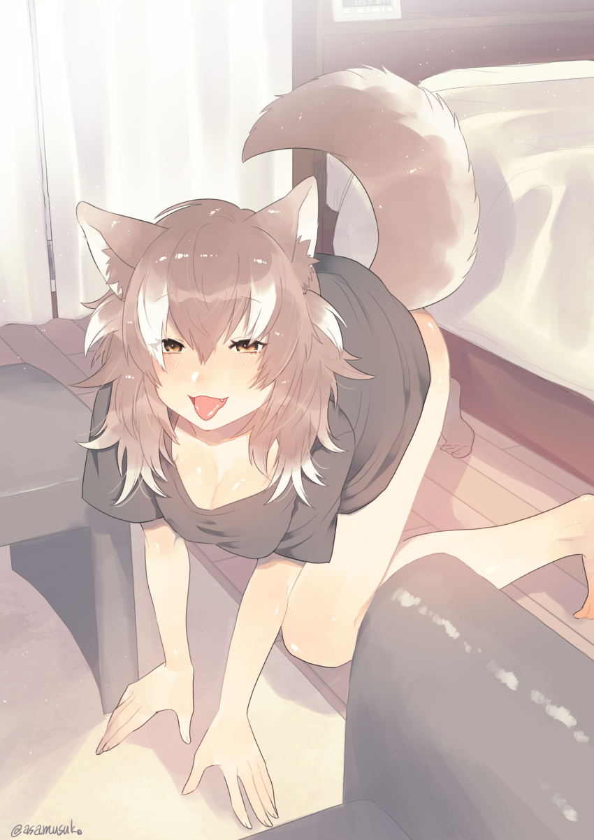 1girl, :d, :p, absurdres, all_fours, animal_ears, artist_name, asano_(asamusuko)