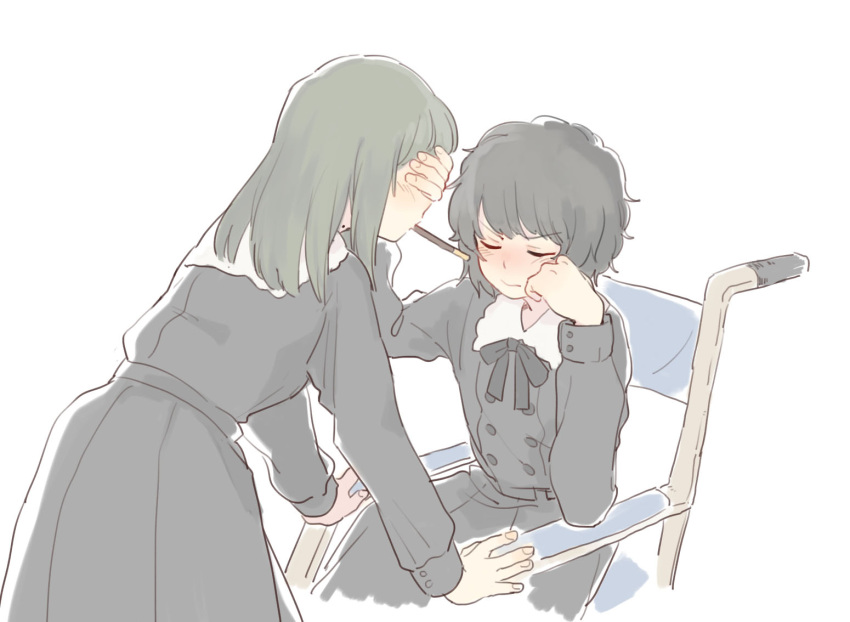 2girls, bangs, black_hair, blush, closed_eyes, covering_another's_eyes, embarrassed, face_grab