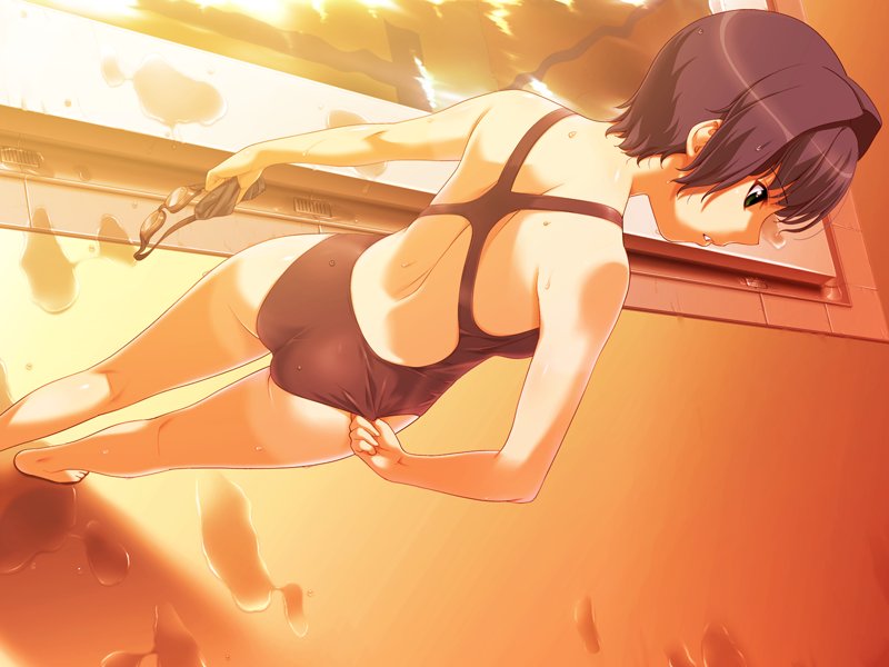 ass, back, bare_shoulders, black_hair, competition_swimsuit, game_cg, green_eyes, ino, kimihagu, one-piece_swimsuit, open_mouth, pool, poolside, short_hair, sunset, swimsuit, water, wet, yuzuki_minami