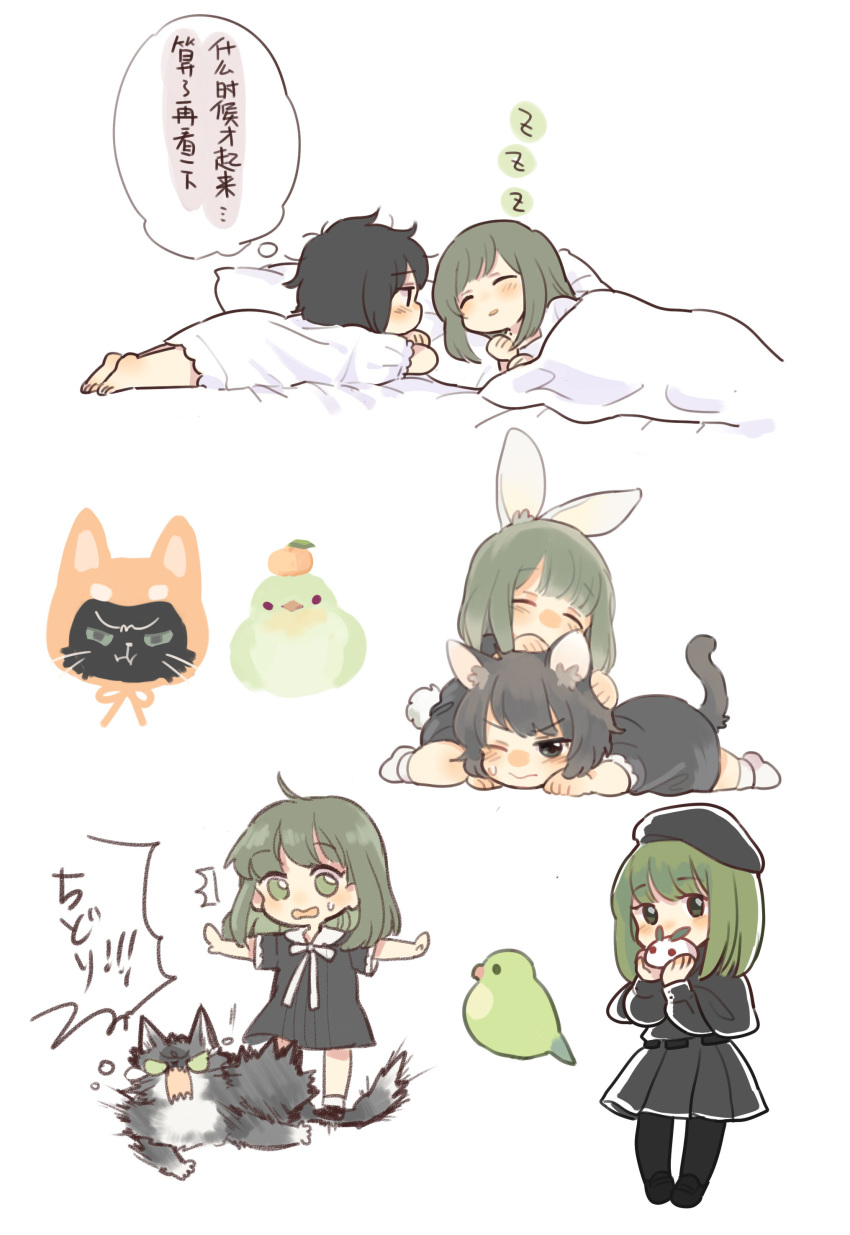 2girls, absurdres, animal_ears, animalization, bangs, barefoot, bed, beret
