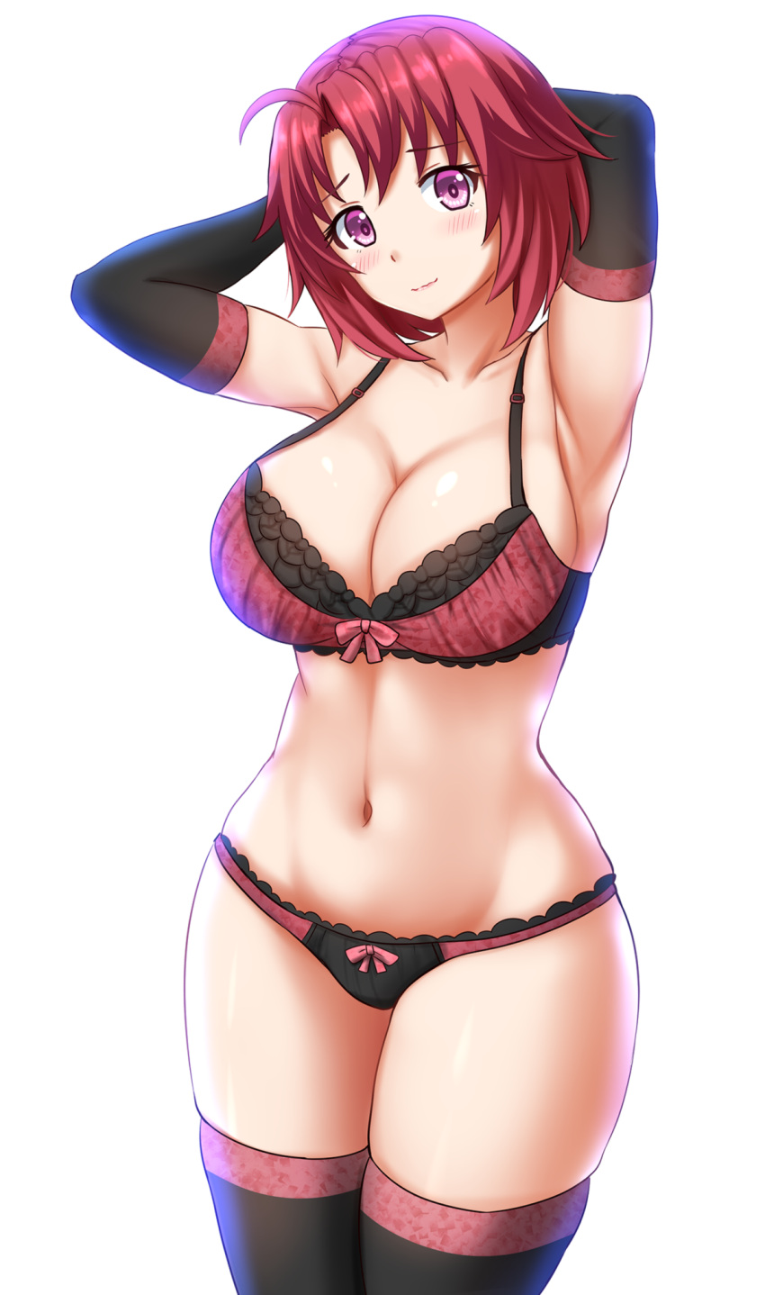 1girl, ahoge, armpits, arms_up, black_bra, black_gloves, black_legwear, black_panties, blush, bra, breasts, cleavage, closed_mouth, commentary, cow_girl_(goblin_slayer!), eyebrows_visible_through_hair, gloves, goblin_slayer!, highres, kazenokaze, legs_together, looking_at_viewer, multicolored, multicolored_bra, multicolored_clothes, multicolored_panties, navel, panties, pink_bra, pink_panties, pink_ribbon, redhead, ribbon, ribbon_bra, ribbon_panties, shiny, shiny_skin, short_hair, simple_background, solo, standing, thigh-highs, underwear, underwear_only, violet_eyes, white_background