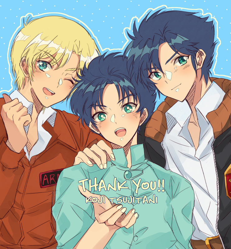 3boys, bangs, bernard_wiseman, blonde_hair, blue_hair, character_name, commentary_request, crossbone_gundam