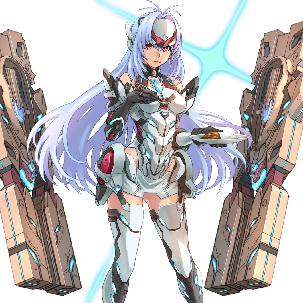 1girl, android, bare_shoulders, blue_hair, breasts, cyborg, elbow_gloves, expressionless, forehead_protector, gloves, goo_goo789, gun, kos-mos, kos-mos_re:, large_breasts, leotard, long_hair, looking_at_viewer, nintendo, red_eyes, solo, standing, thigh-highs, very_long_hair, weapon, weapong, white_leotard, xenoblade_(series), xenoblade_2, xenosaga