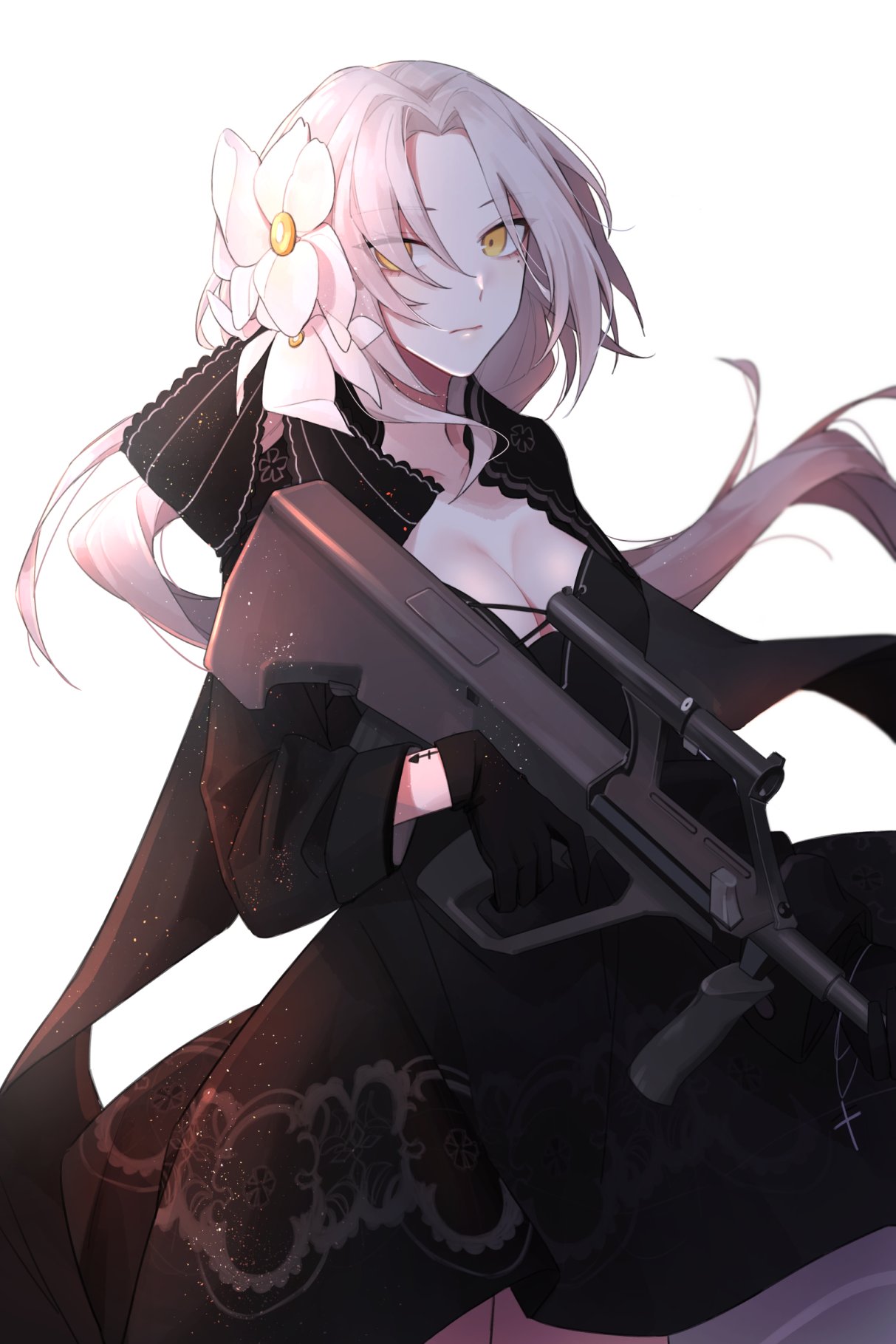 1girl, assault_rifle, bangs, black_dress, breasts, bullpup, cleavage, closed_mouth
