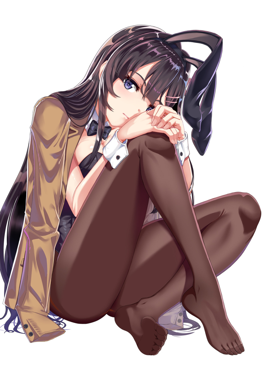 1girl, animal_ears, black_hair, black_legwear, black_leotard, blazer, bow, bowtie