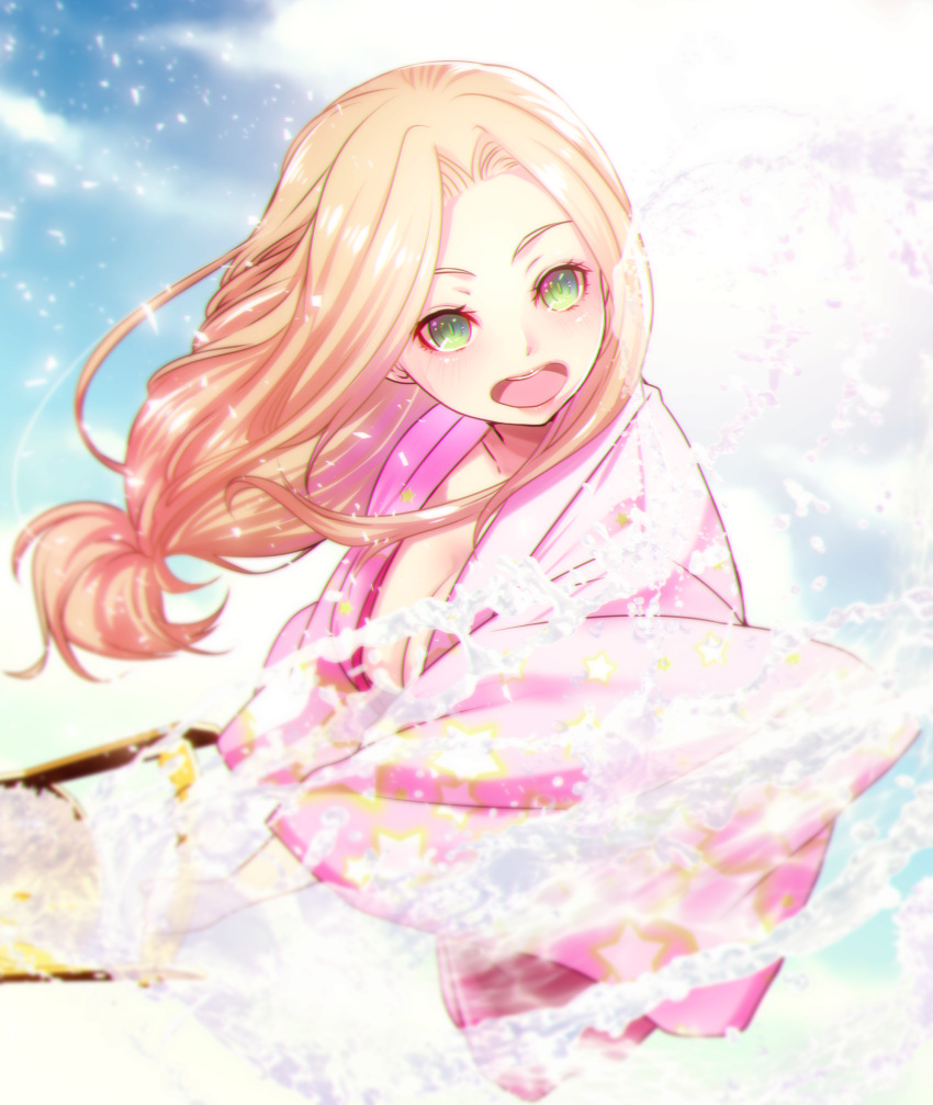 1girl, :o, asahi_man'you, blonde_hair, blue_sky, blurry, blush, day