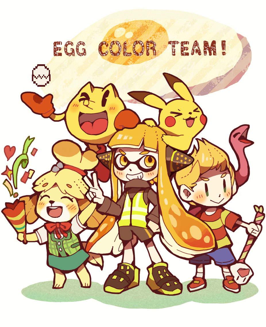 >_<, 1other, 2boys, 2girls, adult, animal, animal_crossing, animal_crossing:_new_leaf, animal_ears, ape_(company), bandai, baseball_cap, blonde_hair, blush_stickers, child, color_connection, creatures_(company), dog_ears, dog_girl, dog_tail, doubutsu_no_mori, egg, egg_yolk, furry, game_freak, gen_1_pokemon, hair_ornament, hal_laboratory_inc., hat, human, inkling, isabelle_(animal_crosing), jacket, jewelry, long_hair, lucas, mother_(game), mother_2, mother_3, mouse, namco, nintendo, nintendo_ead, o_<, olm_digital, open_mouth, pac-man, pac-man_(game), pac-man_eyes, pikachu, poke_ball, pokemon, pokemon_(anime), pokemon_(creature), pokemon_(game), round_man, shizue_(doubutsu_no_mori), skirt, smile, snake, sora_(company), splatoon, splatoon_2, squid, squid_girl, squidbeak_splatoon, super_smash_bros., super_smash_bros._ultimate, super_smash_bros_brawl, tail, teijiro, tentacle_hair, tobidase:_doubutsu_no_mori, topknot, wink