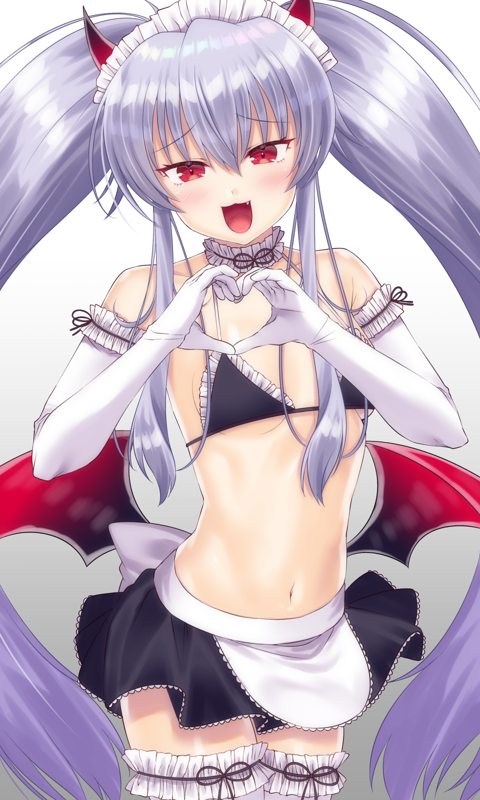 1girl, :d, apron, bangs, bare_shoulders, bikini_top, black_bikini_top, black_skirt