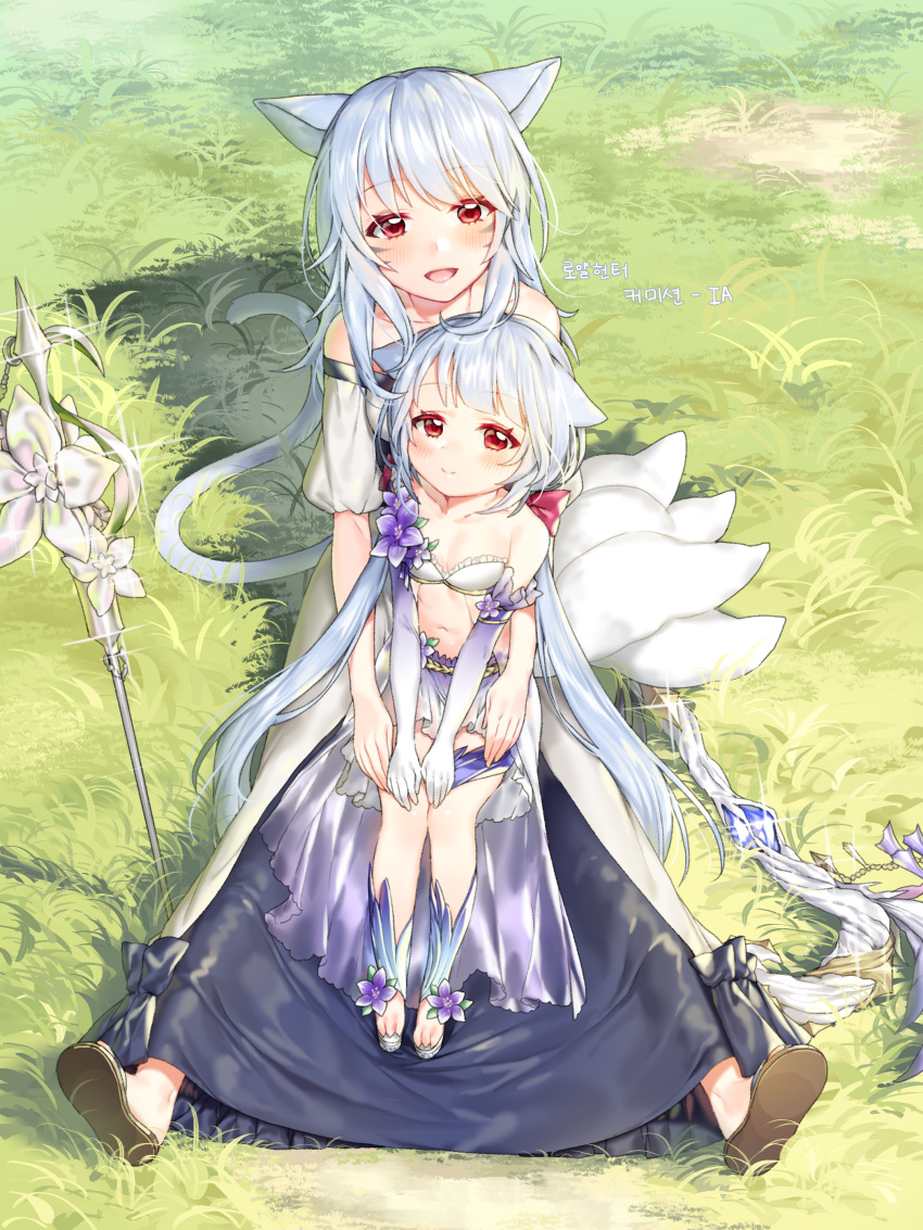 2girls, :d, absurdres, animal_ears, bangs, bare_shoulders, blue_bow, blue_hair, blue_skirt, blush, bow, breasts, brown_footwear, cat_ears, cat_tail, character_request, closed_mouth, collarbone, commentary_request, commission, copyright_request, day, dress, elbow_gloves, eyebrows_visible_through_hair, fewer_digits, final_fantasy, final_fantasy_xiv, flower, fox_tail, gloves, gradient, gradient_gloves, grass, highres, ia_(ias1010), kitsune, korean, long_hair, multiple_girls, multiple_tails, navel, on_grass, open_mouth, outdoors, puffy_short_sleeves, puffy_sleeves, purple_flower, purple_gloves, red_eyes, sandals, short_sleeves, sitting, skirt, small_breasts, smile, sparkle, tail, translation_request, very_long_hair, white_dress, white_flower, white_gloves
