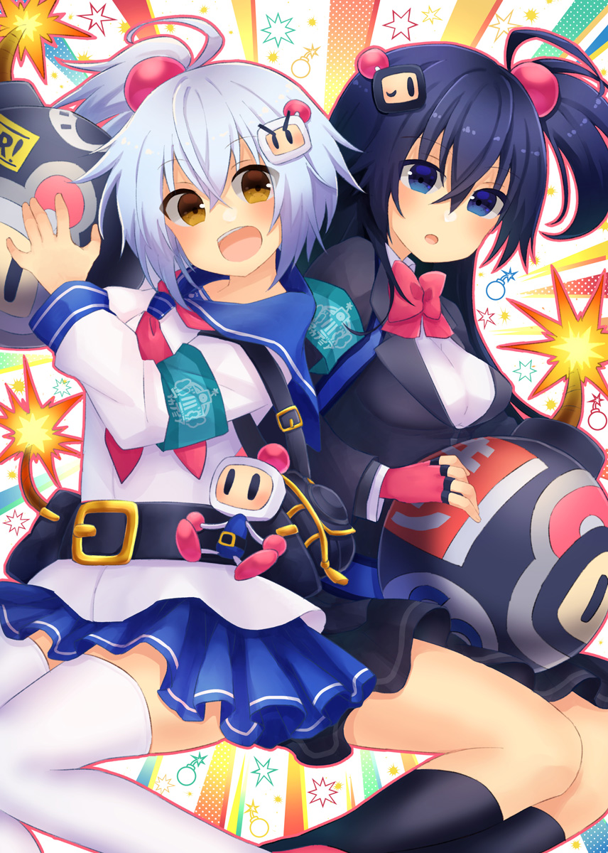 2girls, aisawa_natsu, armband, belt, black_bomberman, black_hair, black_legwear, blazer