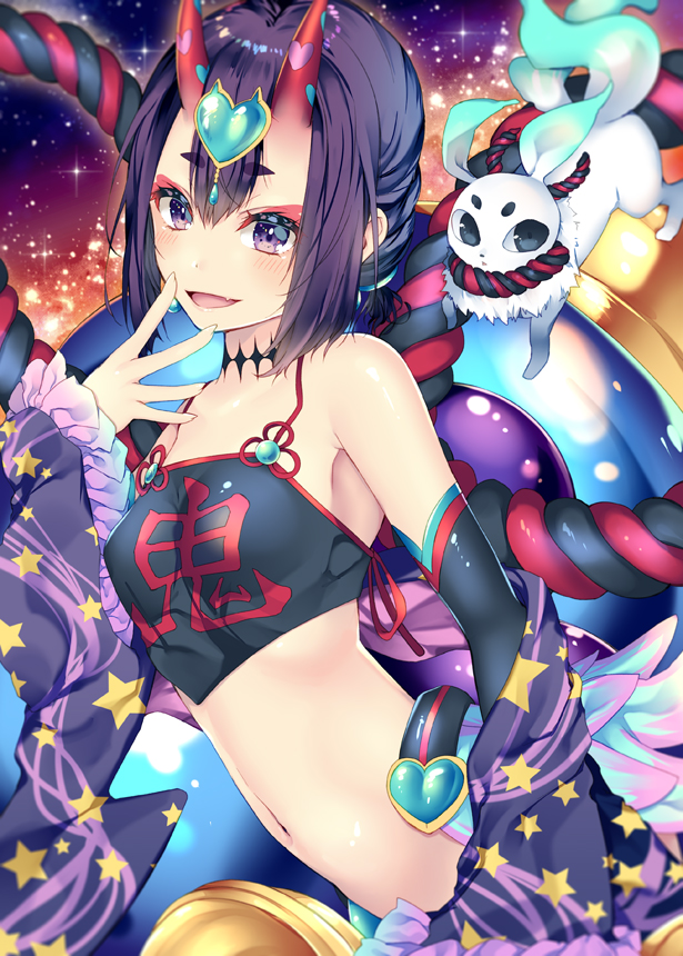 1girl, :d, bangs, bare_shoulders, black_sleeves, blush, breasts, commentary_request
