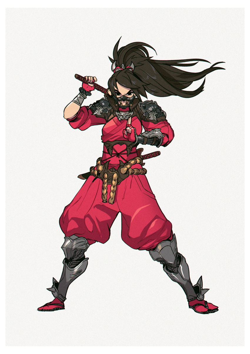1girl, absurdres, adapted_costume, armor, black_hair, bodysuit, brown_hair, fingerless_gloves, gloves, highres, japanese_armor, long_hair, menpoo, ninja, oskar_vega, ponytail, solo, soul_calibur, sword, taki_(soulcalibur), weapon