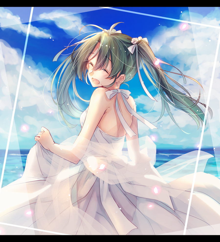 1girl, 916200, backless_dress, backless_outfit, blue_sky, closed_eyes, clouds, day