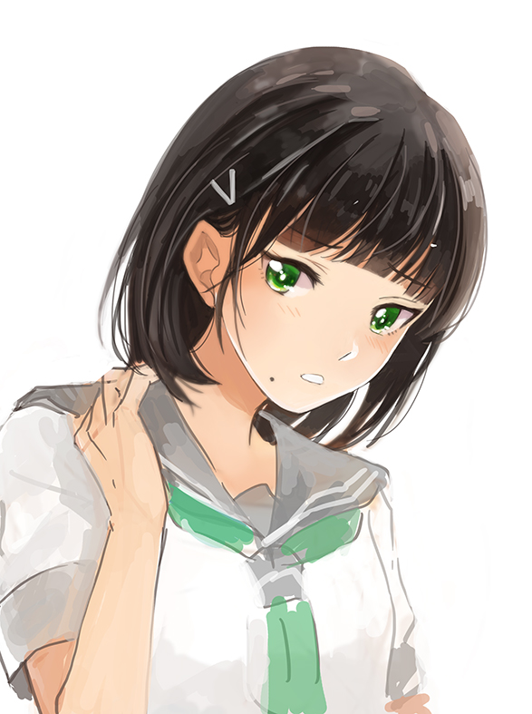 1girl, alternate_hair_length, alternate_hairstyle, bangs, black_hair, eyebrows_visible_through_hair, green_eyes, green_neckwear