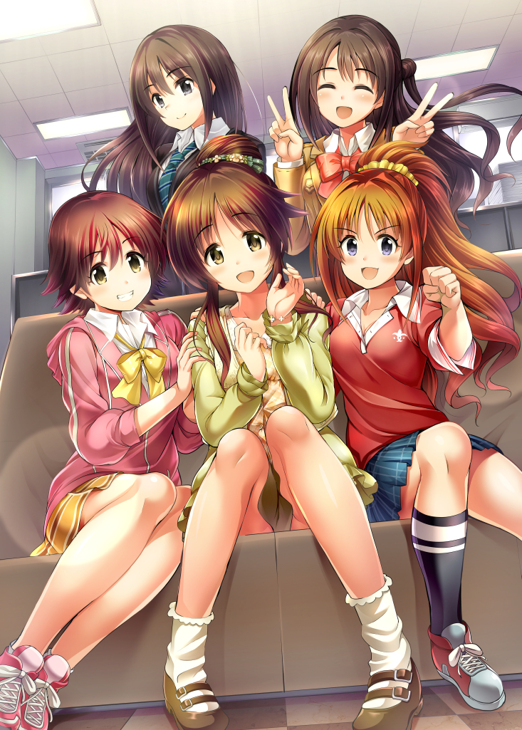 5girls, :d, ahoge, black_eyes, black_jacket, black_legwear, blue_eyes, blue_neckwear