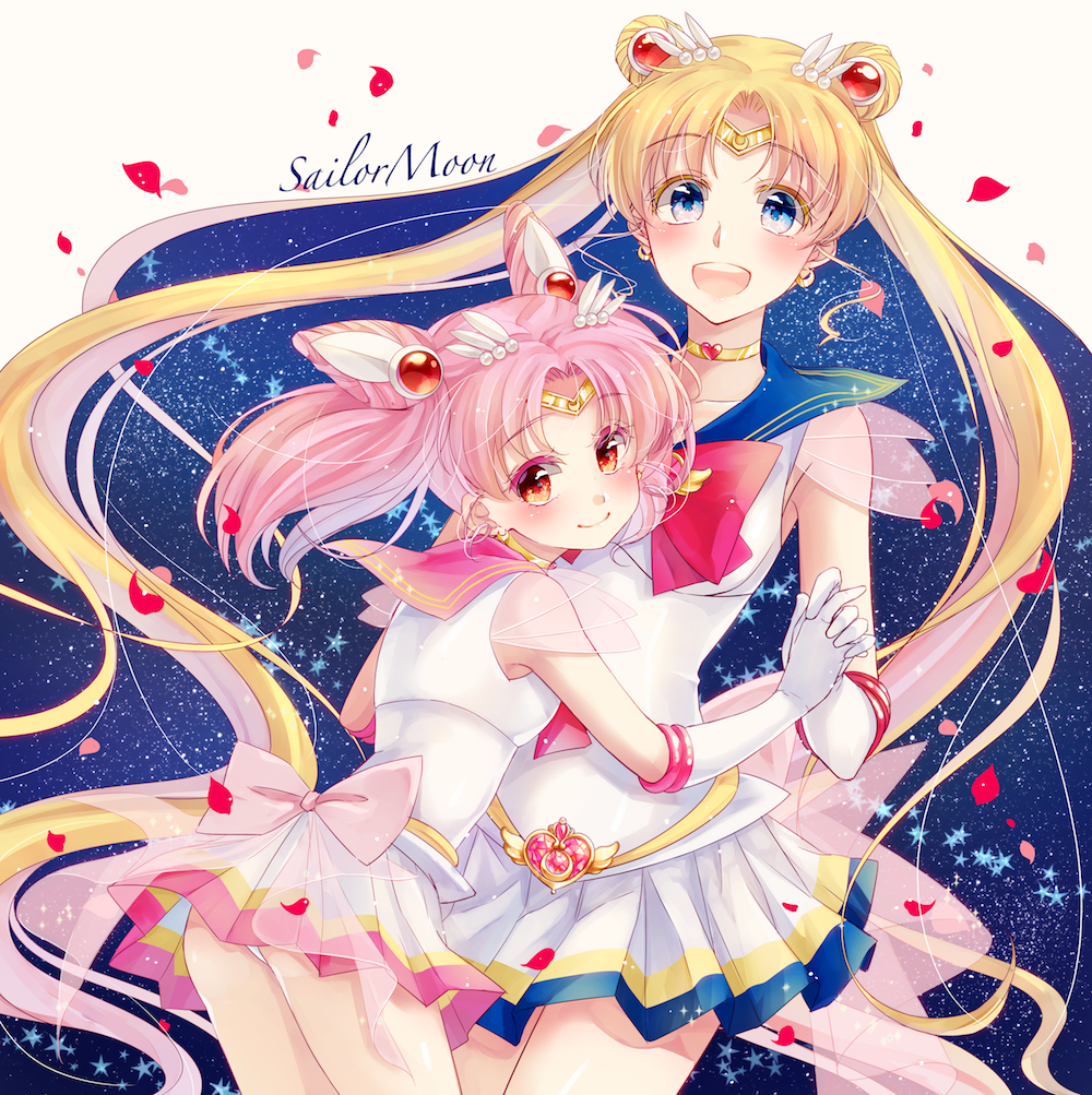 2girls, 916200, :d, bishoujo_senshi_sailor_moon, blonde_hair, blue_eyes, bow, character_name, choker, collarbone, copyright_name, double_bun, earrings, elbow_gloves, eyebrows_visible_through_hair, floating_hair, gloves, hair_ornament, hand_holding, head_tilt, headpiece, interlocked_fingers, jewelry, long_hair, looking_at_viewer, miniskirt, multiple_girls, open_mouth, panties, pantyshot, pantyshot_(standing), pink_bow, pleated_skirt, red_eyes, sailor_chibi_moon, sailor_collar, sailor_moon, shirt, skirt, sleeveless, sleeveless_shirt, smile, standing, twintails, underwear, very_long_hair, white_gloves, white_panties, white_shirt, white_skirt
