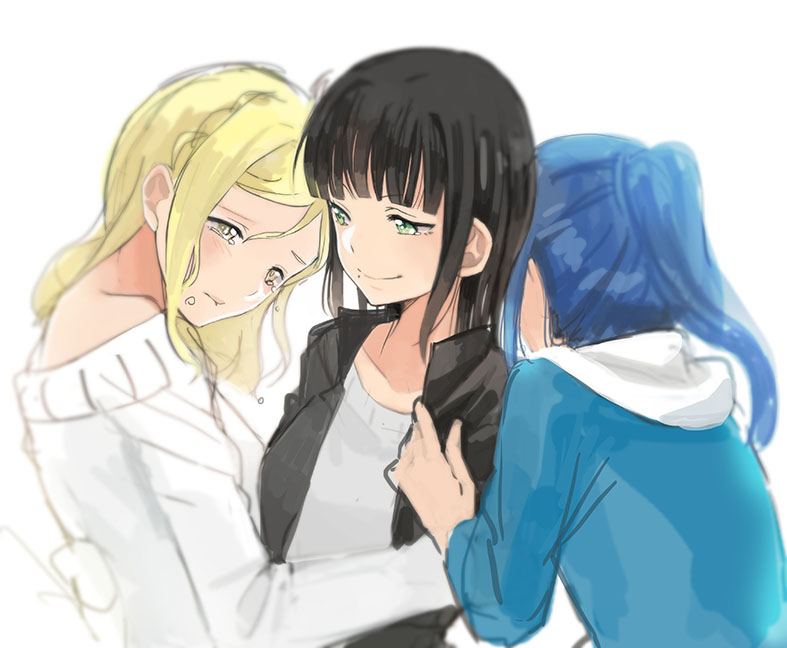 3girls, bangs, black_hair, black_jacket, blonde_hair, blue_hair, blunt_bangs, green_eyes