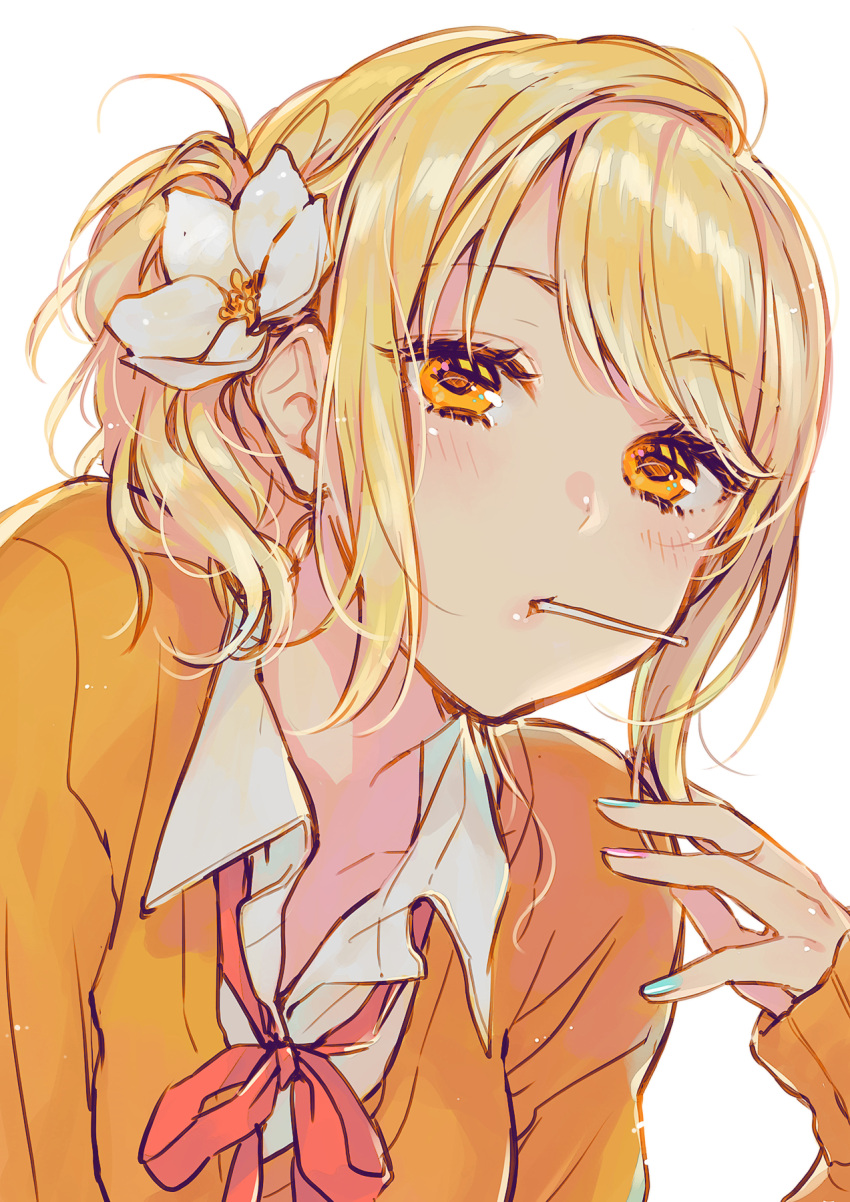 1girl, bangs, blonde_hair, blue_nails, candy, collared_shirt, flower, food