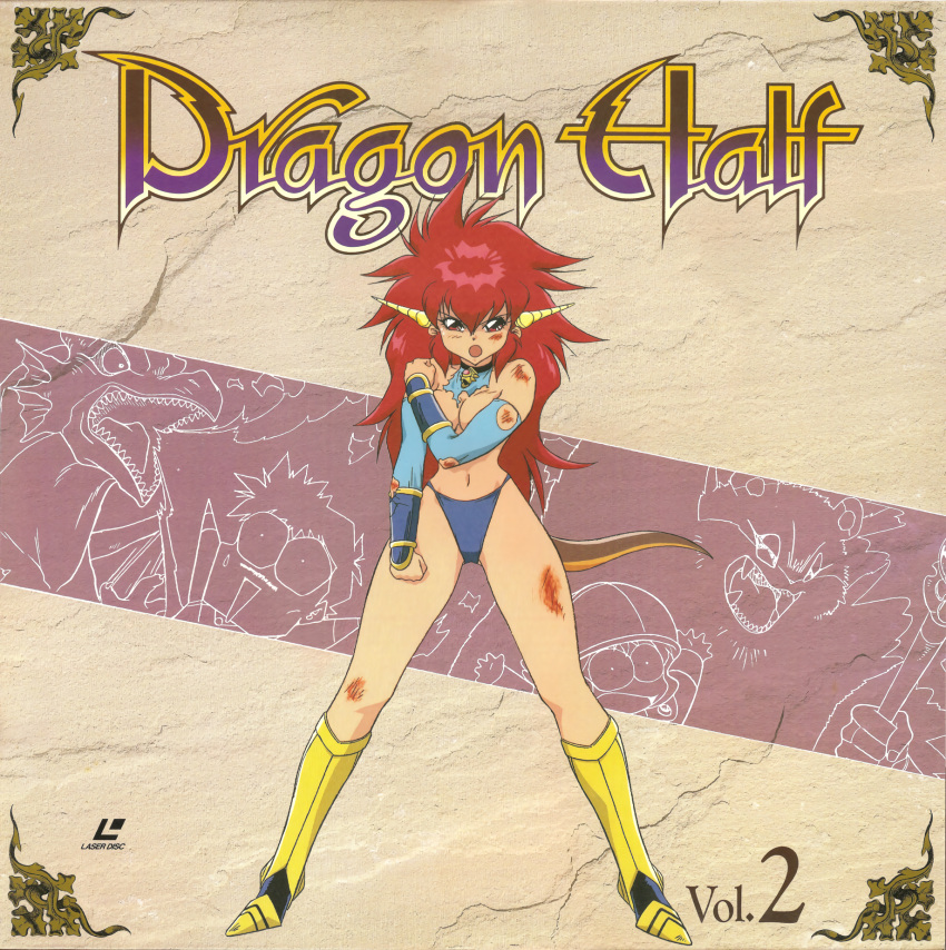 1girl, 90s, :o, armored_boots, boots, bracer, copyright_name, cover, covering, covering_breasts, dragon_half, dragon_horns, dragon_tail, full_body, hand_on_own_shoulder, highres, horns, injury, knee_boots, laserdisc_cover, mink_(dragon_half), navel, official_art, open_mouth, red_eyes, redhead, solo, standing, tail, torn_clothes, yellow_footwear