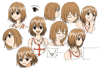 :d, ^_^, angry, bangs, breasts, brown_eyes, brown_hair, character_sheet, cleavage, clenched_teeth, close-up, closed_eyes, cross, elie, expressions, face, frown, grin, hair_between_eyes, hand_to_chin, jewelry, looking_at_viewer, looking_away, lowres, matsushima_akira, model_sheet, naughty_face, necklace, official_art, open_mouth, pendant, profile, rave, rave_master, sad, short_hair, simple_background, smile, solo, tank_top, white_background