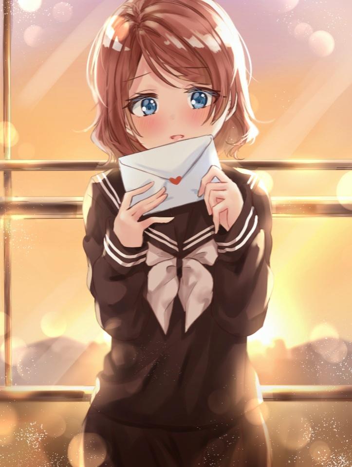 1girl, black_sailor_collar, black_serafuku, black_shirt, black_skirt, blue_eyes, blurry, blush, bokeh, brown_hair, commentary_request, depth_of_field, holding_envelope, letter, long_sleeves, looking_at_viewer, love_letter, love_live!, love_live!_sunshine!!, minori_748, neckerchief, open_mouth, sailor_collar, school_uniform, serafuku, shirt, short_hair, skirt, solo, sunset, watanabe_you, white_neckwear, window