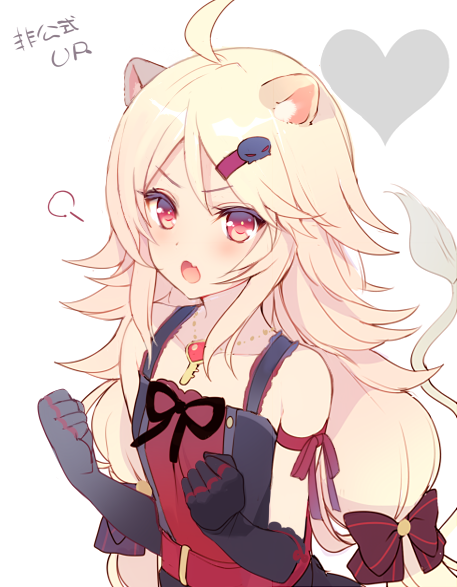 1girl, :/, ahoge, ailane_(show_by_rock!!), animal_ears, arm_strap, bangs, bare_shoulders, belt, black_gloves, blonde_hair, bow, clenched_hands, commentary_request, dress, elbow_gloves, fingerless_gloves, flat_chest, flipped_hair, from_side, gloves, hair_bow, hair_ornament, hairclip, heart, jewelry, key, lion_ears, lion_tail, long_hair, looking_at_viewer, low-tied_long_hair, low_twintails, mayachi_(amuriya), necklace, parted_bangs, pout, red_eyes, show_by_rock!!, sidelocks, simple_background, skull_hair_ornament, solo, strapless, strapless_dress, swept_bangs, tail, twintails, upper_body, very_long_hair, white_background