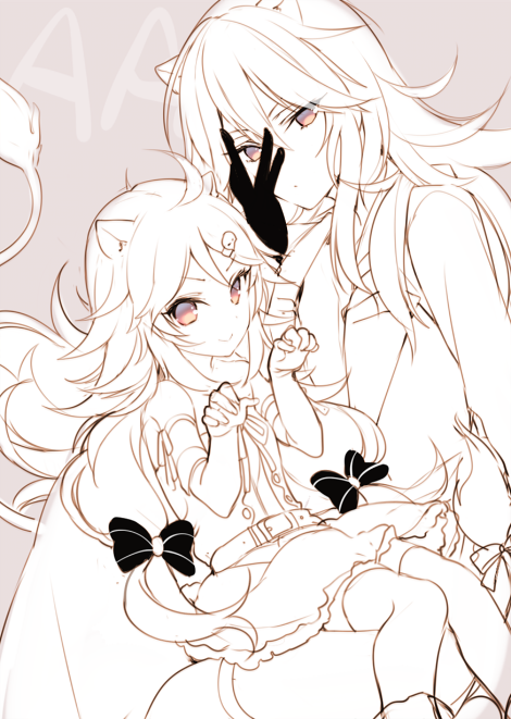 1boy, 1girl, age_difference, ahoge, ailane_(show_by_rock!!), aion_(show_by_rock!!), animal_ears, arm_ribbon