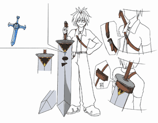 haru_glory, lowres, male, model_sheet, rave, rave_master, spiked_hair, sword, weapon