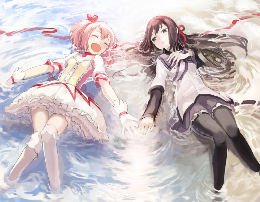 2girls, :d, ^_^, akemi_homura, black_hair, black_legwear, blue_sky, bubble_skirt