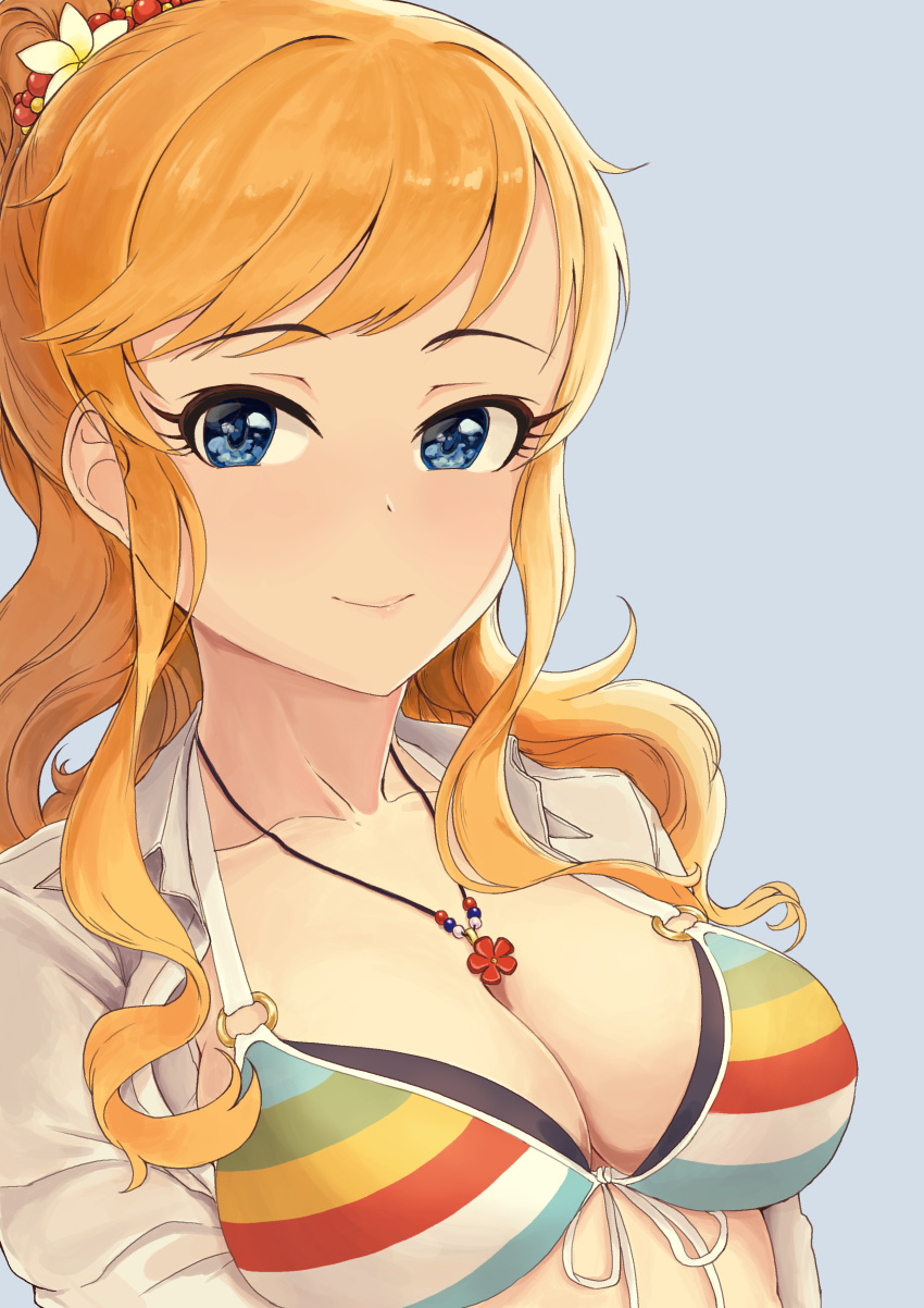 absurdres, bikini, blonde_hair, blue_eyes, breasts, cleavage, collarbone, dress_shirt