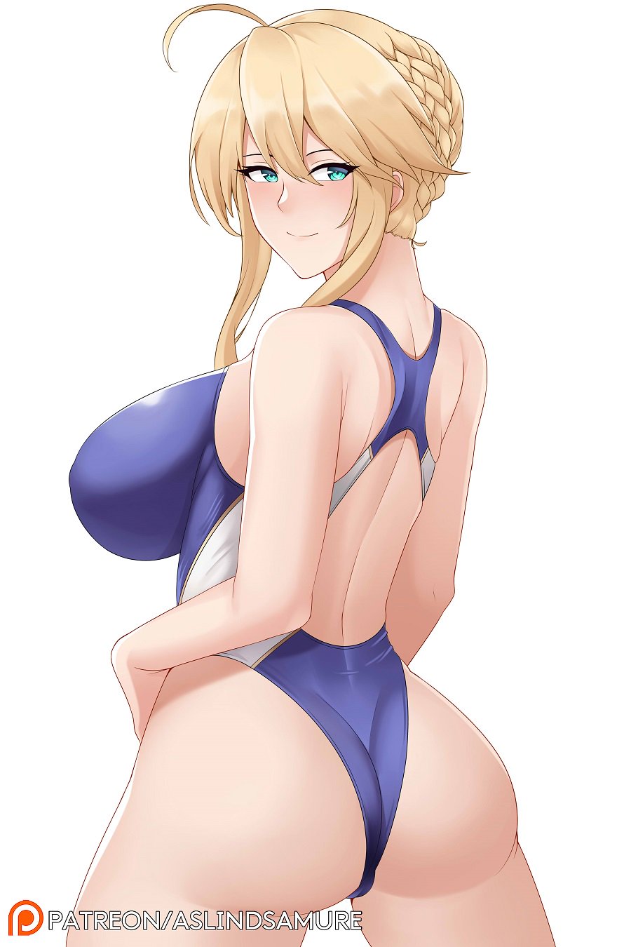 1girl, ahoge, artoria_pendragon_(all), artoria_pendragon_(lancer), aslindsamure, ass, backless_outfit, bangs