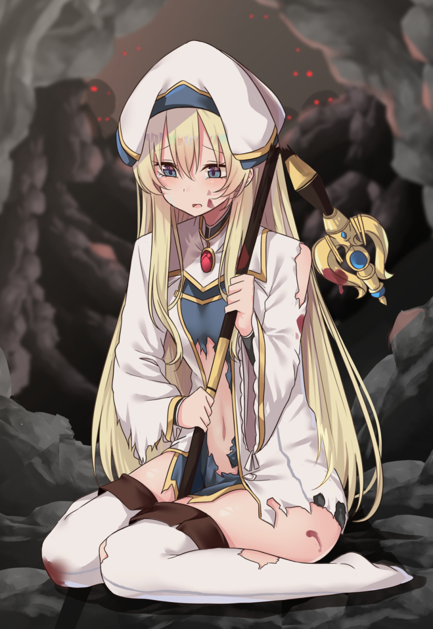 1girl, blonde_hair, blood, blue_eyes, broken_staff, dress, gem, glowing, glowing_eyes, goblin_slayer!, hair_between_eyes, hat, highres, long_hair, long_sleeves, looking_down, momose_oden, navel, open_mouth, priestess_(goblin_slayer!), red_eyes, solo_focus, staff, thigh-highs, torn_clothes, very_long_hair, white_hat, white_legwear
