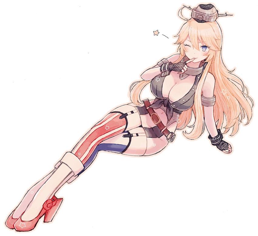 1girl, belt, blonde_hair, blue_eyes, breasts, cleavage, elbow_gloves, fingerless_gloves
