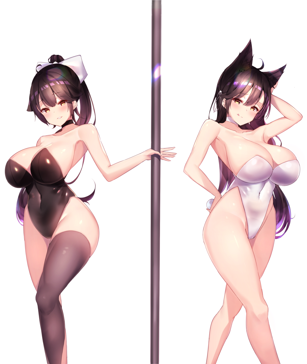 2girls, :q, ahoge, animal_ears, asymmetrical_legwear, atago_(azur_lane), azur_lane, bare_legs