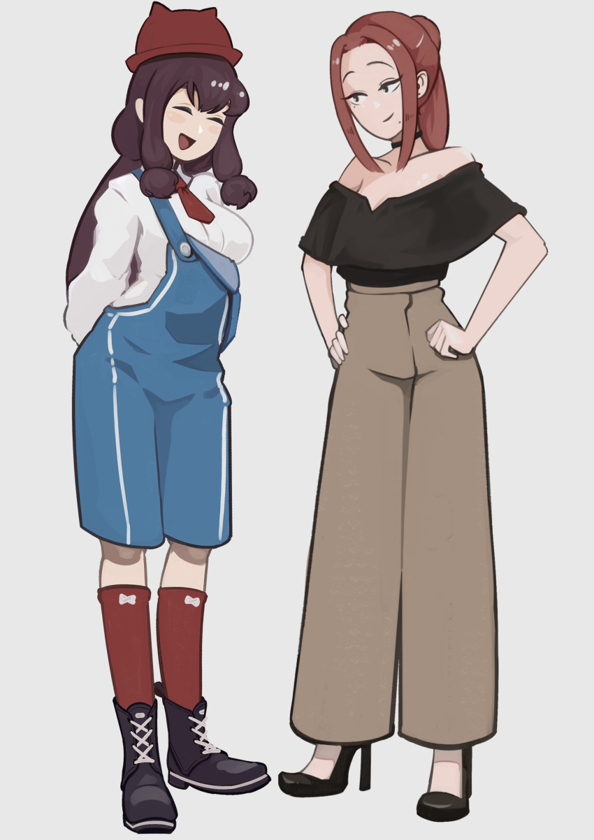 2girls, absurdres, boots, brown_hair, choker, dress_shirt, gen_uma_mai, hands_on_hips, hat, high_heels, highres, kneehighs, komi-san_wa_komyushou_desu, long_hair, mole, mole_under_eye, mole_under_mouth, multiple_girls, necktie, off-shoulder_shirt, onemine_nene, open_mouth, otori_kaede, overall_shorts, overalls, ponytail, shirt, simple_background, slacks, smile