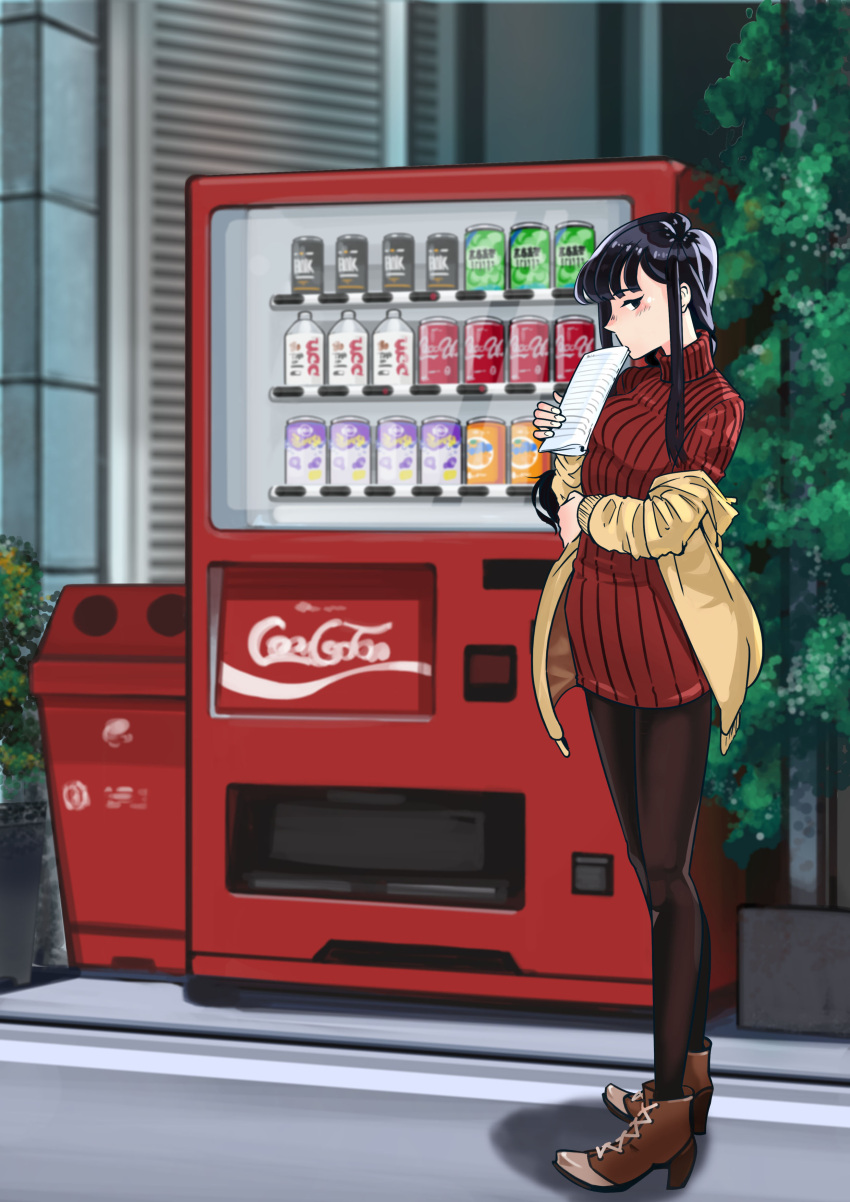 1girl, absurdres, black_hair, black_legwear, blush, boots, can, coca-cola