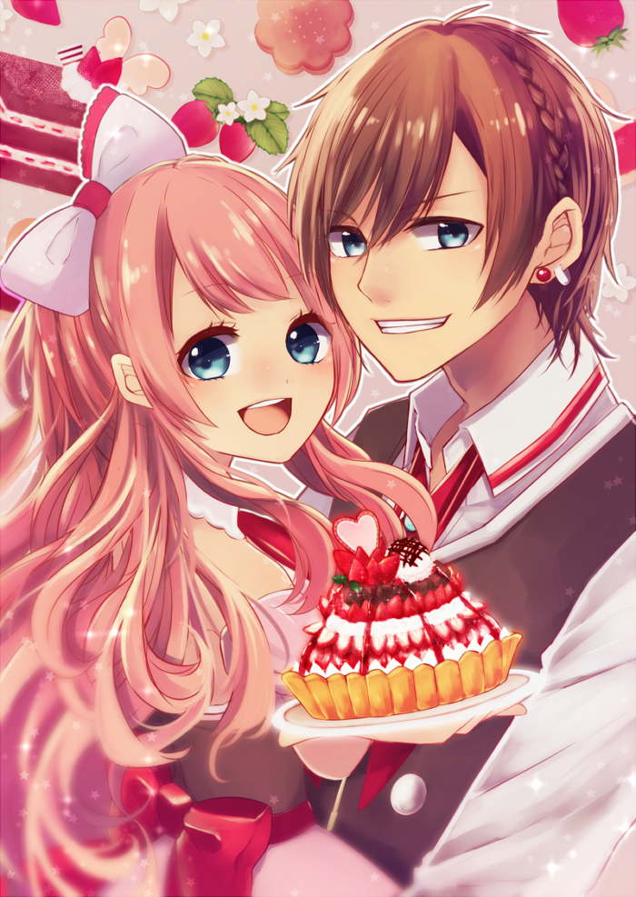 1boy, 1girl, :d, blue_eyes, bow, braid, brown_hair, cookie, dessert, failnaught-em, food, fruit, hair_bow, looking_at_viewer, open_mouth, original, pink_hair, plate, red_bow, red_neckwear, short_hair, smile, strawberry