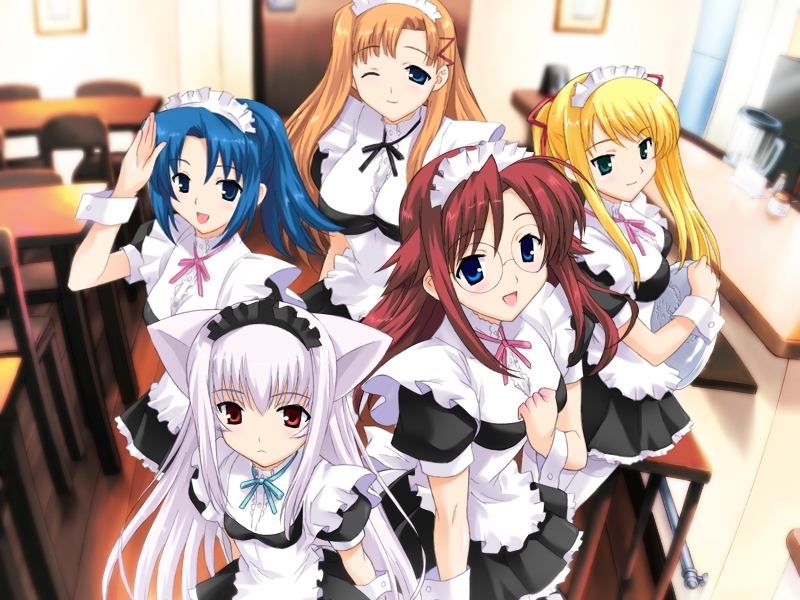animal_ears, apron, blonde_hair, blue_eyes, blue_hair, brown_hair, cat_ears, frills