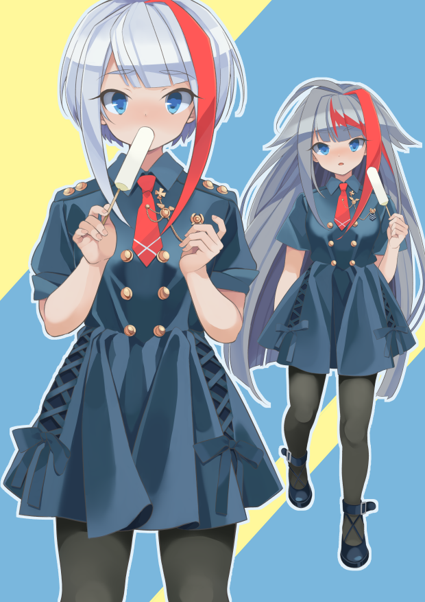 2girls, admiral_graf_spee_(azur_lane), azur_lane, bow_dress, deutschland_(azur_lane), dress, food, grey_hair