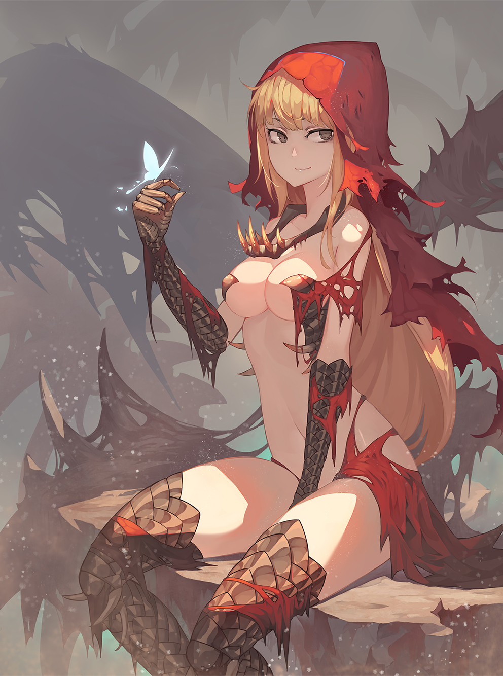 1girl, bangs, bare_shoulders, between_legs, bone, breasts, bug, butterfly, capelet, cleavage, closed_mouth, commentary_request, dragon_girl, fang_necklace, glowing_butterfly, grey_eyes, hand_between_legs, highres, hood, hood_up, insect, long_hair, looking_at_viewer, medium_breasts, monster_hunter, monster_hunter:_world, navel, personification, red_capelet, red_hood, scales, sitting, smile, solo, tattered_cape, vaal_hazak, very_long_hair, xuan_(pixiv31113827)