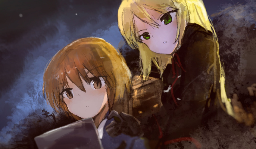 2girls, black_gloves, blonde_hair, brown_eyes, brown_hair, clouds, commentary, dark