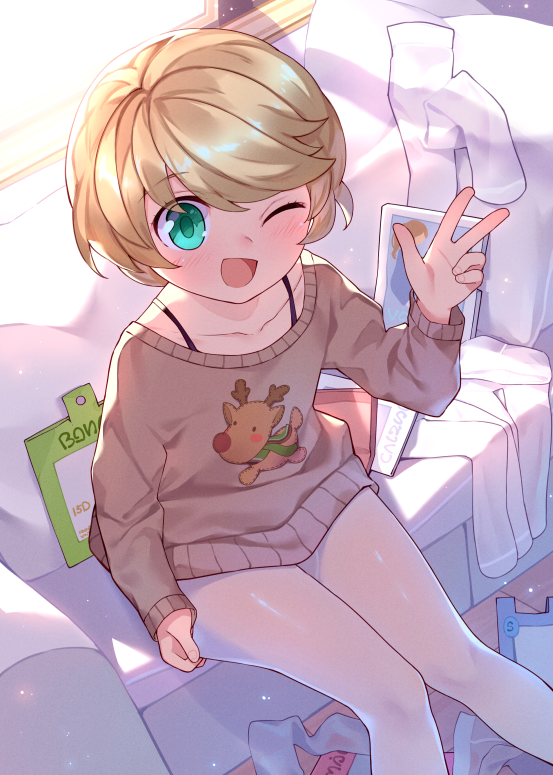 1boy, blonde_hair, closers, collarbone, commentary_request, couch, day, eyebrows_visible_through_hair