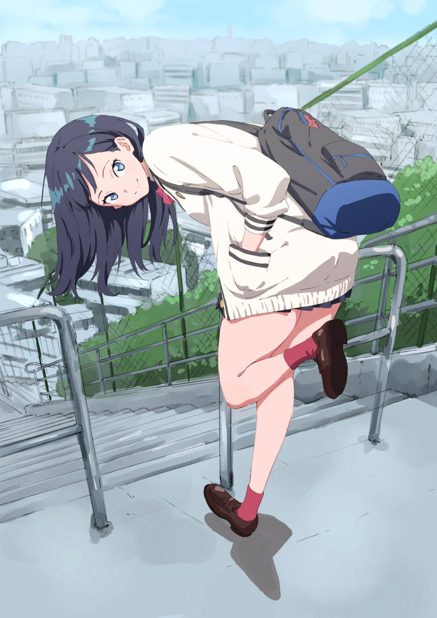 ass, bangs, bent_over, black_hair, black_skirt, blue_eyes, cardigan, hand_in_pocket